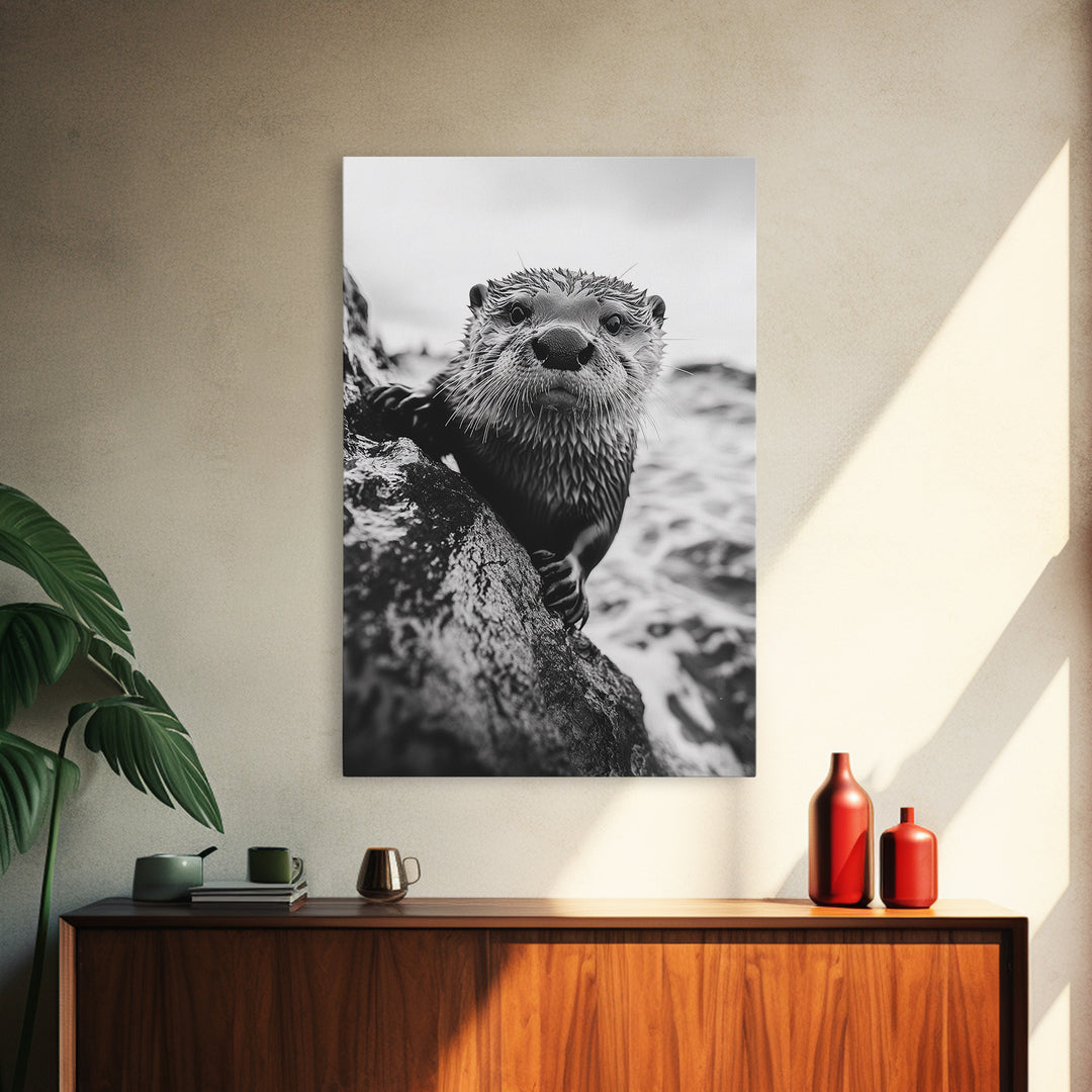 Curious Otter, Coastal Wildlife, Black and White, Animal Photography, Framed Canvas Print, Bathroom Wall Art, Nature Lover Gift