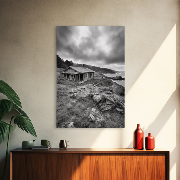 Abandoned Cabin, Coastal Cliff, Moody Landscape, Autumn Wall Art, Framed Canvas Print, Living Room Rustic Art, Farmhouse Aesthetic