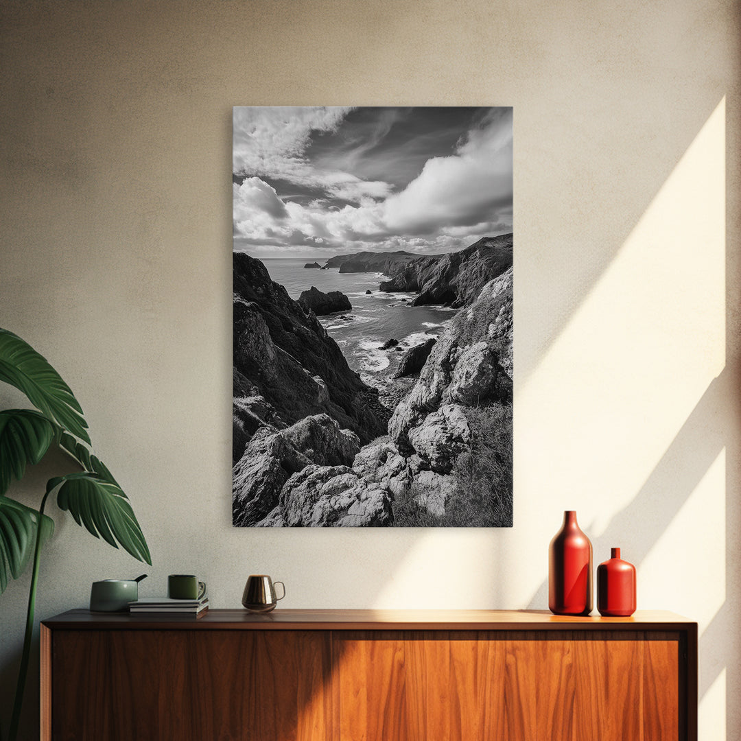 Rugged Cliffs, Ocean View, Coastal Escape, Framed Canvas Print, black and white coastal art, beach house wall decor, moody ocean print