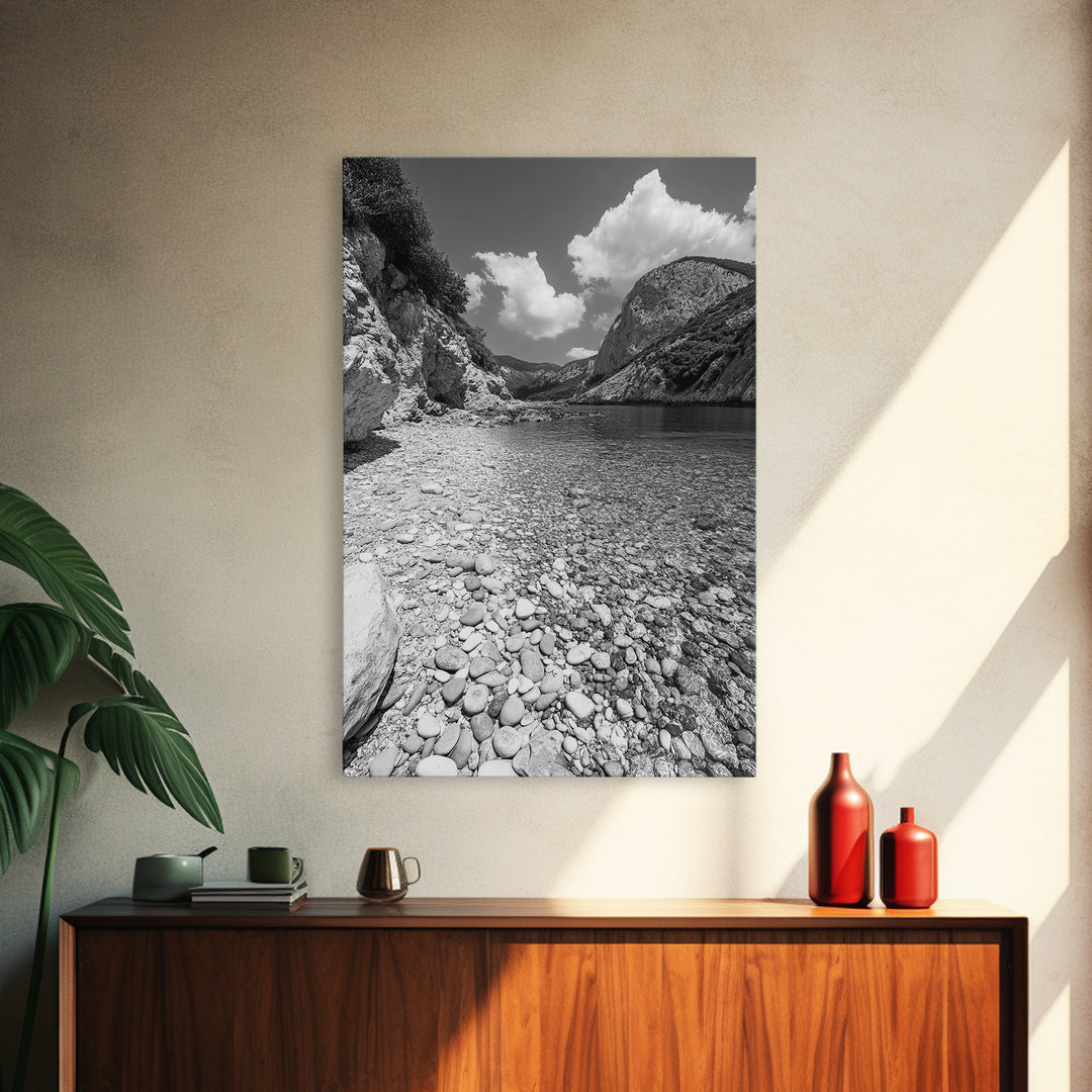 Rocky Beach, Crystal Water, Mountain Backdrop, Framed Canvas Print, tranquil lake art, minimalist decor, natural wall art