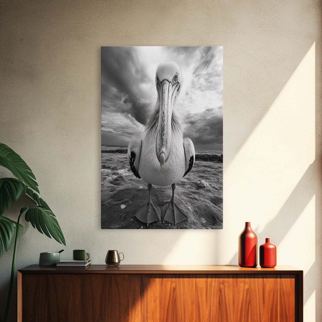 Bold Pelican, Coastal Storm, Bird Portrait, Canvas Print, wildlife wall art, beach house decor, dramatic black and white animal art