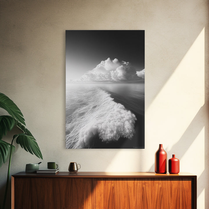 Ocean Wake, Cloud Horizon, Surreal Seascape, Framed Canvas Print, Dreamy Black White Wall Art, Bathroom Decor, Coastal Fantasy Art