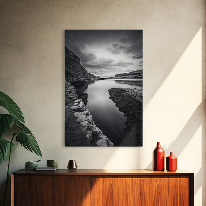 River Gorge, Twilight Reflections, Cliffside Calm, Canvas Print, Moody Black White Wall Art, Bedroom or Office Decor, Dramatic Landscape