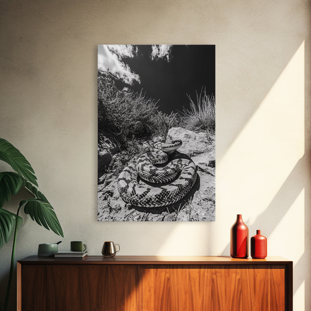 Coiled Snake, Desert Predator, Wild Reptile, Framed Canvas Print, Nature Wildlife Art, Den or Office Decor, Monochrome Animal Photography