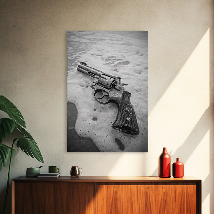 Revolver Beach, Washed Ashore, Western Style, Noir Photography, Framed Canvas Print, Industrial Wall Art, Man Cave Decor, Rustic Vibes