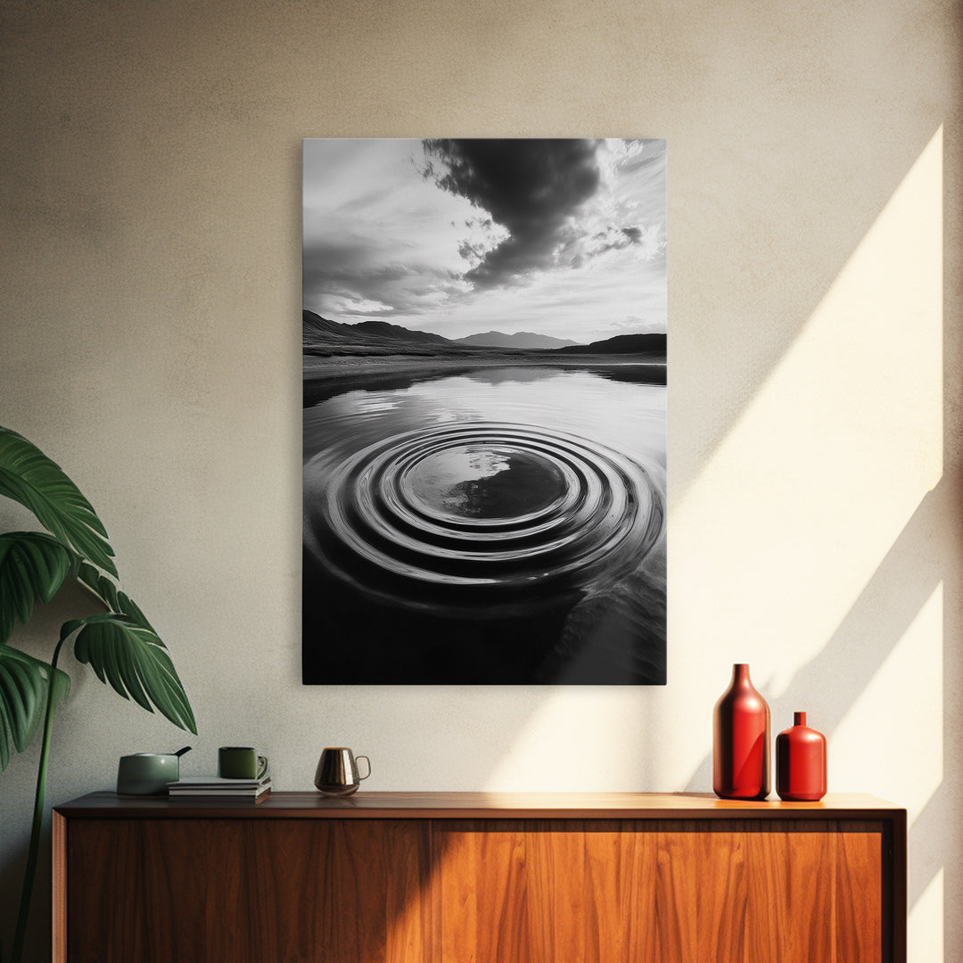 Ripple Effect, Calm Water, Meditative Landscape, Serene Mountains, Framed Canvas Print, Minimalist Wall Art, Bedroom or Spa Vibes