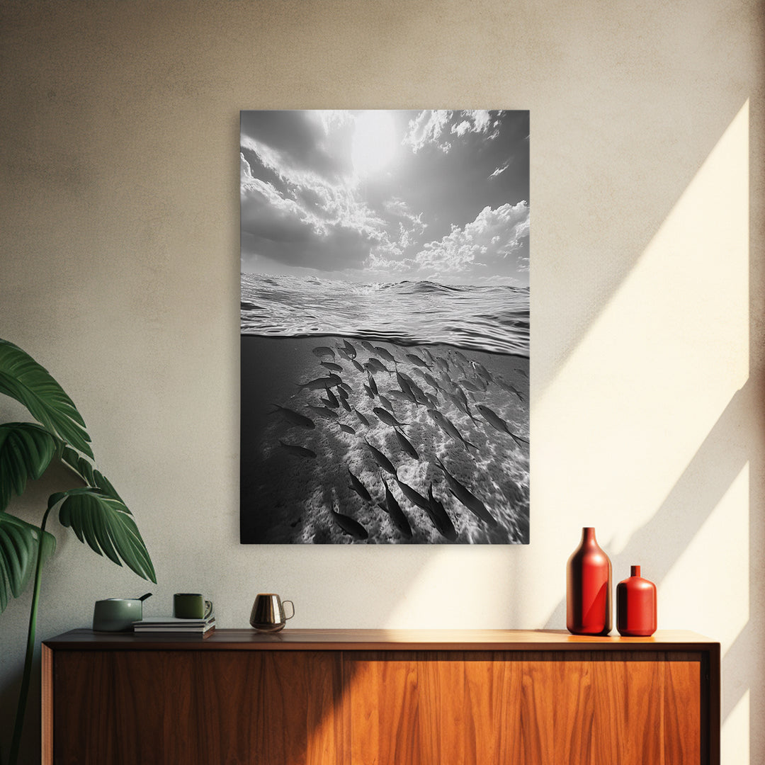Underwater Scene, School of Fish, Ocean Photography, Split Shot Water, Framed Canvas Print, Bathroom Wall Art, Coastal Decor
