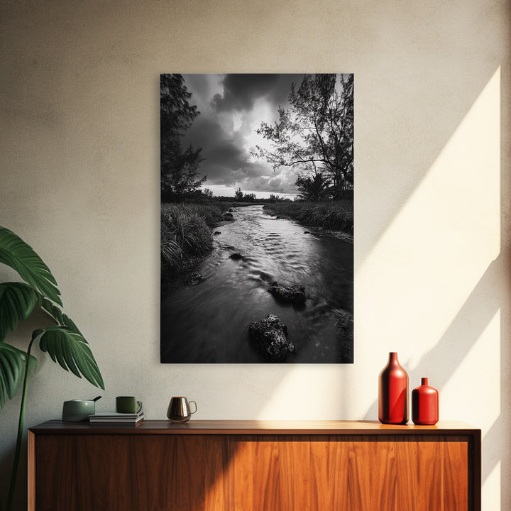 River Flow, Storm Clouds, Nature Trees, Monochrome Scene, Framed Canvas Print, Bathroom Wall Art, Moody Landscape, Rustic Home Decor