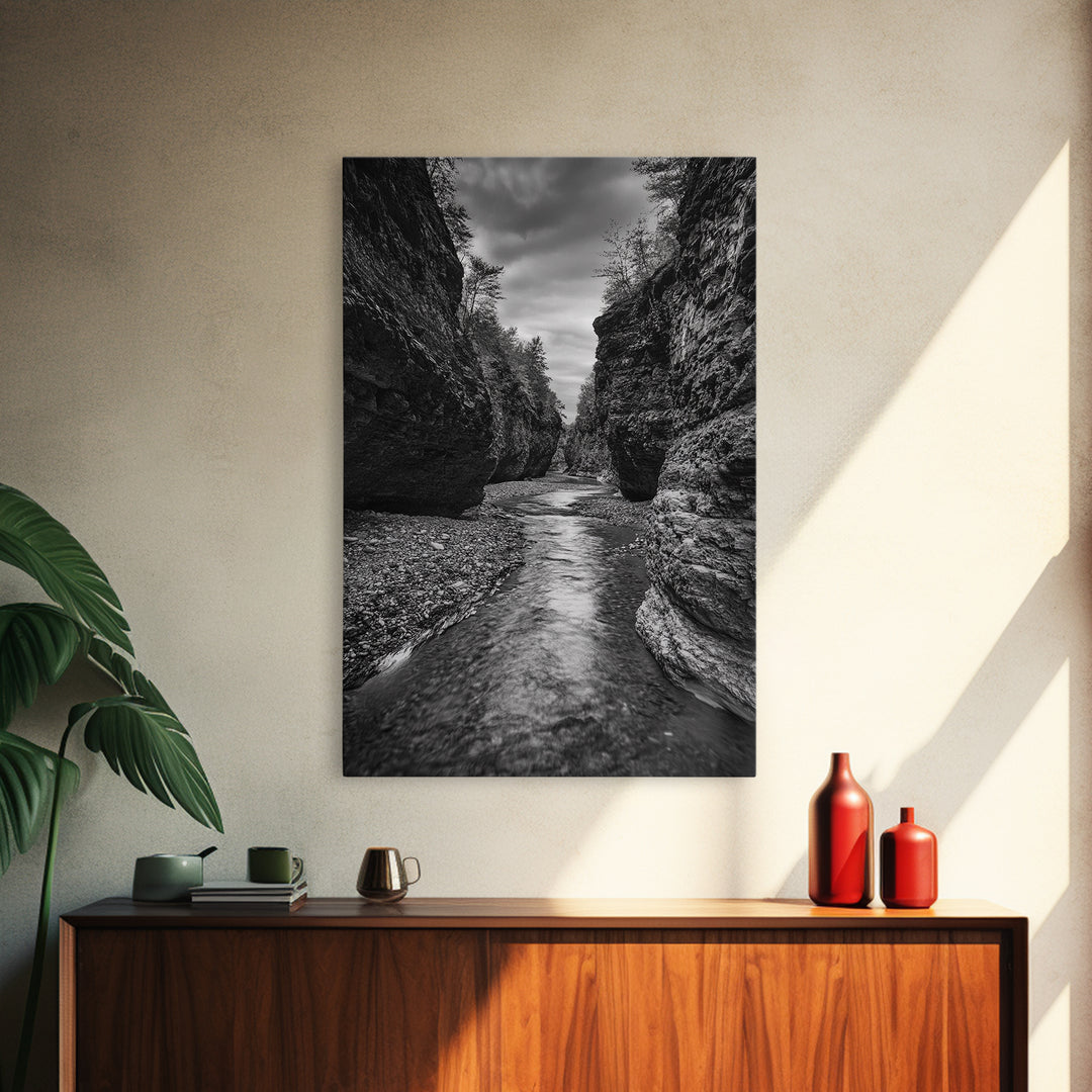 Canyon River, Rugged Path, Rock Walls, Adventure Nature, Framed Canvas Print, Cabin Wall Art, Explorer Decor, Wilderness Vibe