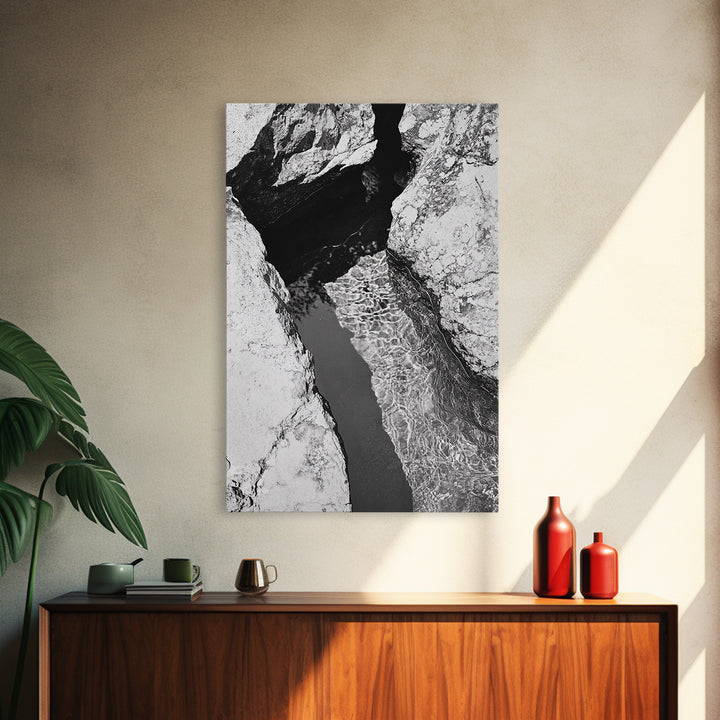 Rock Crevice, Light Ripples, Natural Texture, Abstract Nature, Framed Canvas Print, Kitchen Wall Art, Earth Tone Style, Modern Rustic