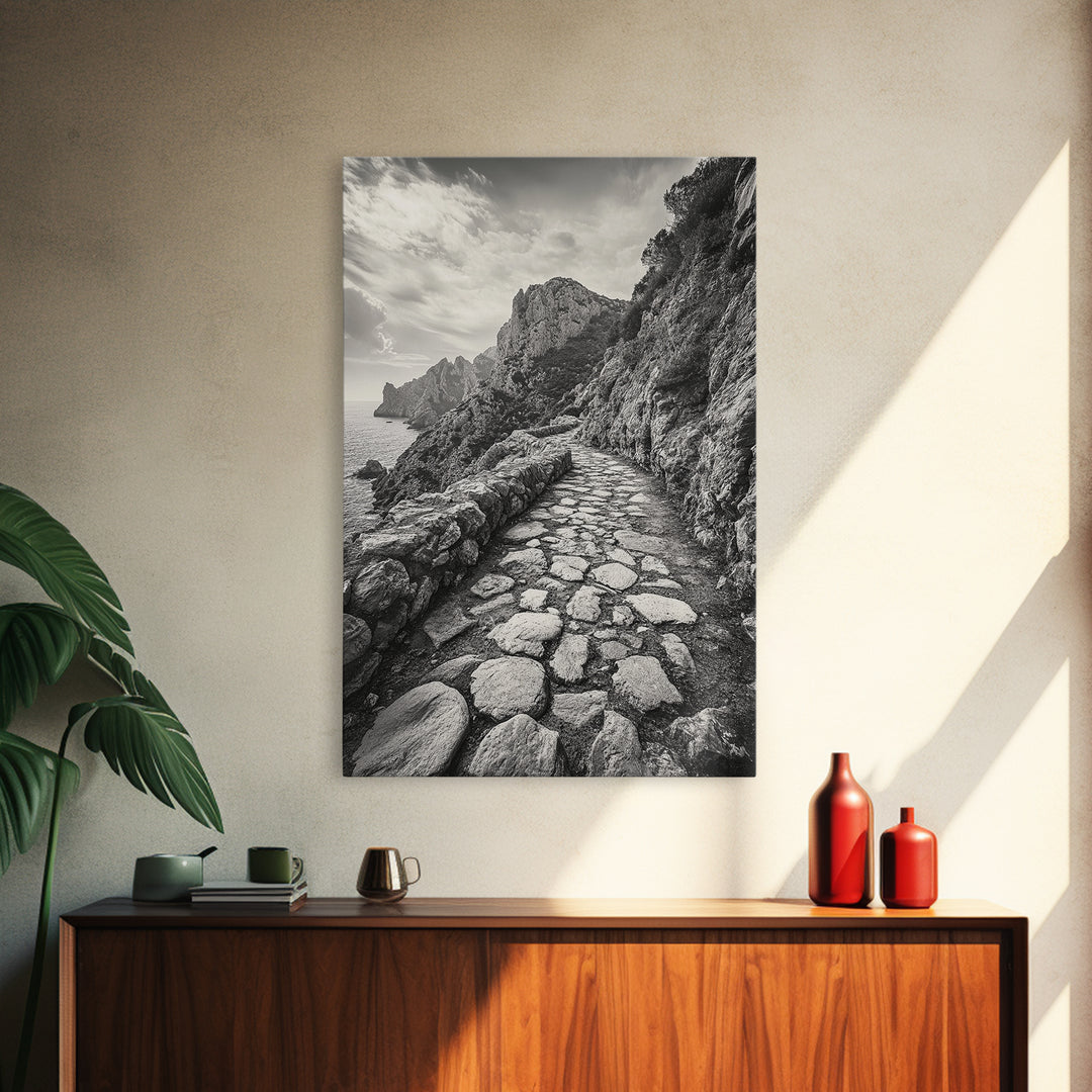 Cliff Path, Coastal Trail, Rugged Rock, Hiking Vibe, Framed Canvas Print, Hallway Wall Art, Nature Photography, Adventure Decor