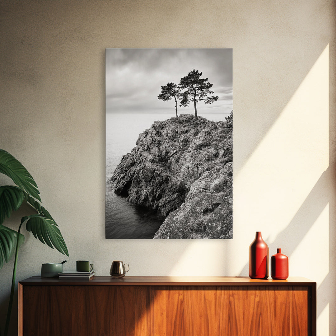 Rocky Coast, Lone Trees, Ocean View, Monochrome Calm, Framed Canvas Print, Bathroom Wall Art, Coastal Style, Minimalist Mountain Art