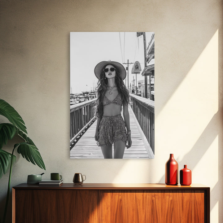 Pier Walk, Summer Fashion, Coastal Vibes, Chic Girl, Canvas Print, Fashion Wall Art, Modern Decor, Teen Room Artwork, Stylish Aesthetic