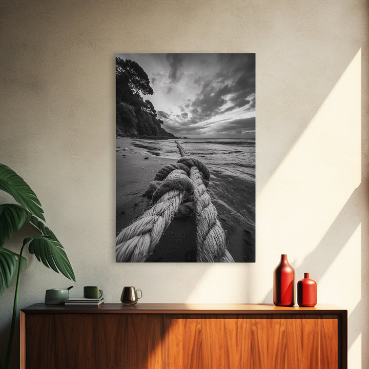 Beach Rope Knot, Coastal Connection, Ocean Shoreline, Nautical Canvas Print, Black and White Bathroom or Seaside Wall Decor