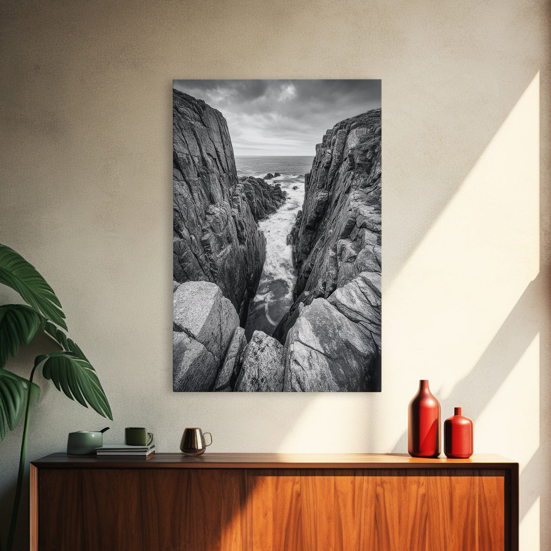 Ocean Cliff Pass, Rugged Coastal Rocks, Nature Power, Monochrome Framed Canvas Print, Moody Bathroom or Masculine Office Art