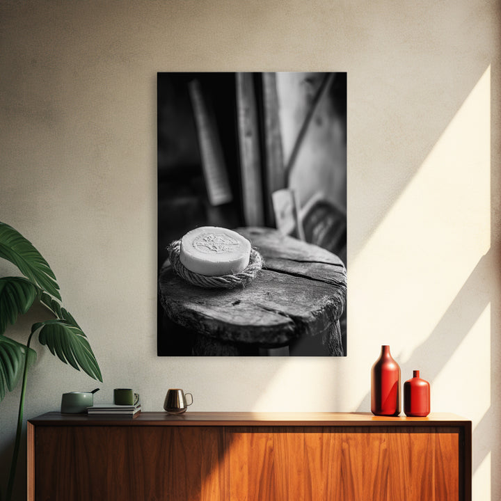 Artisan Soap Still Life, Rustic Wellness Scene, Country Bathroom, Monochrome Framed Canvas Print, Farmhouse Bathroom Wall Art