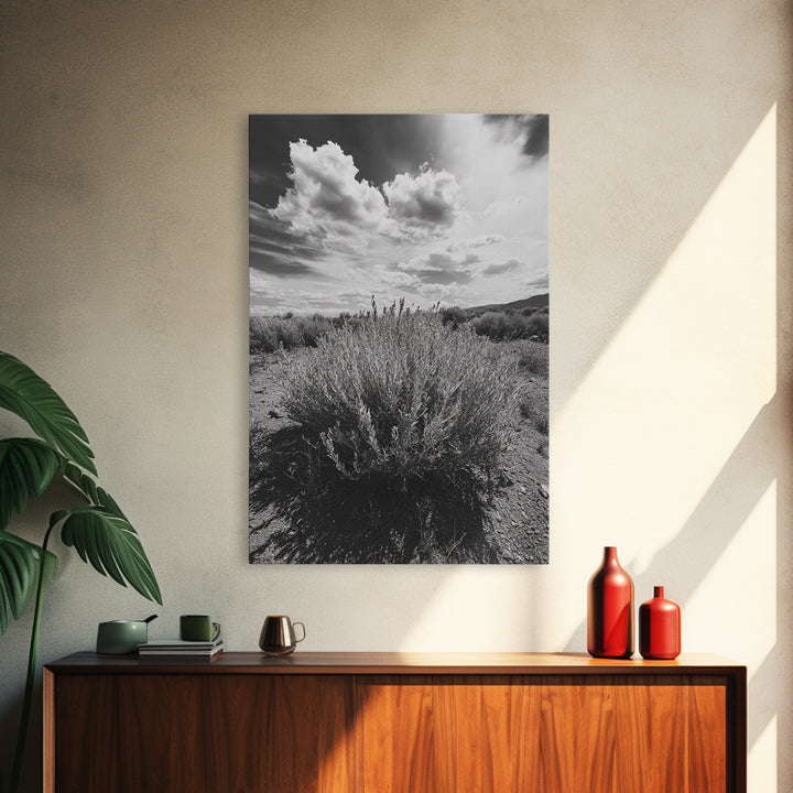 Desert Sage, Cloud Sky, Nature Wall Decor, Framed Canvas Print, Minimalist Art, Boho Style, Neutral Tones, Entryway Botanical Print