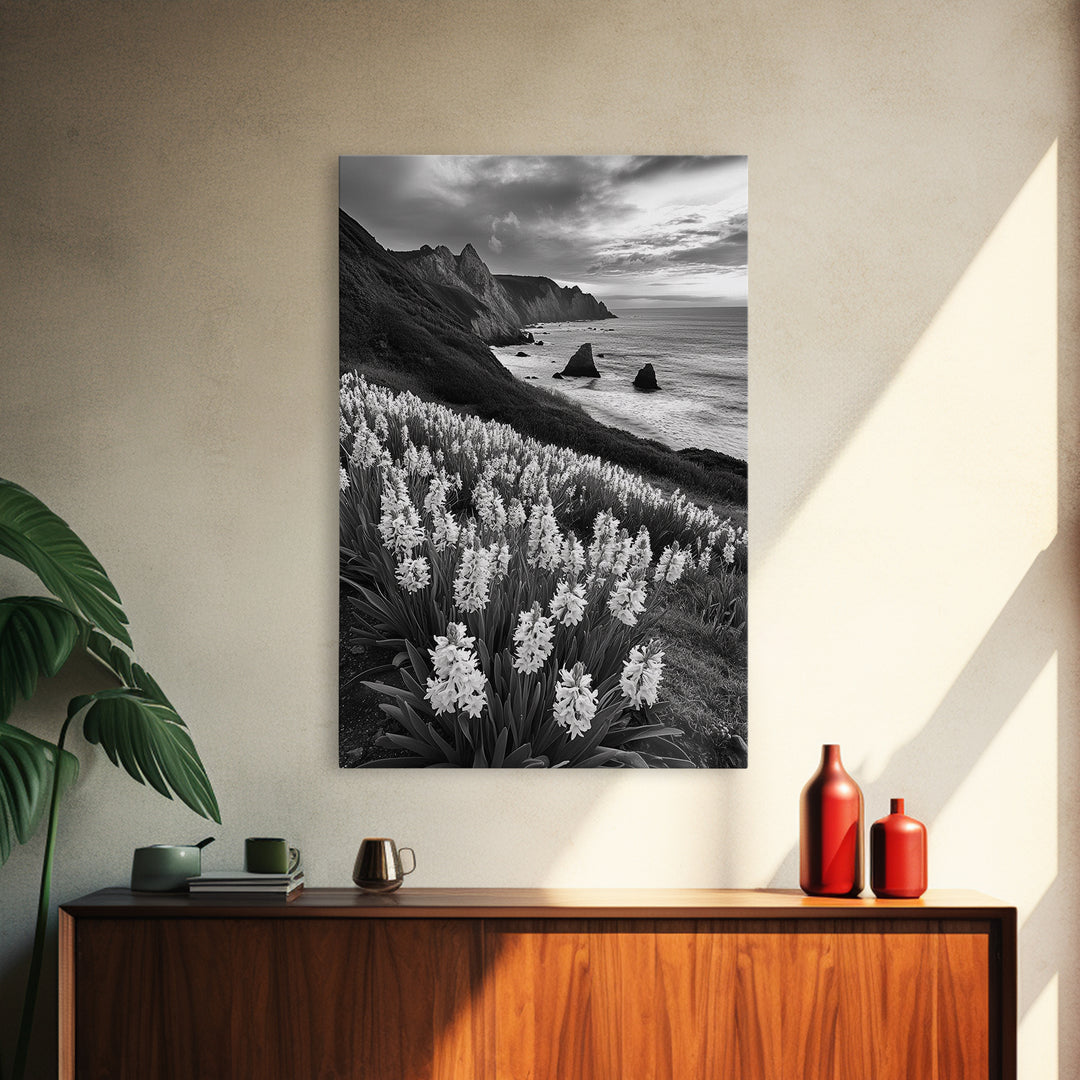 Coastal Blooms, Ocean Cliffs, Seaside Flowers, Canvas Print, Nature Photography, Living Room Art, Modern Coastal Wall Decor, Spring Vibes