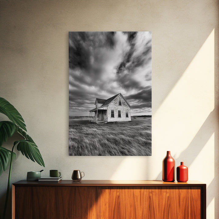 Abandoned House, Windy Prairie, Haunted Landscape, Framed Canvas Print, Fall Wall Art, Rural Home Decor, Moody Halloween Style