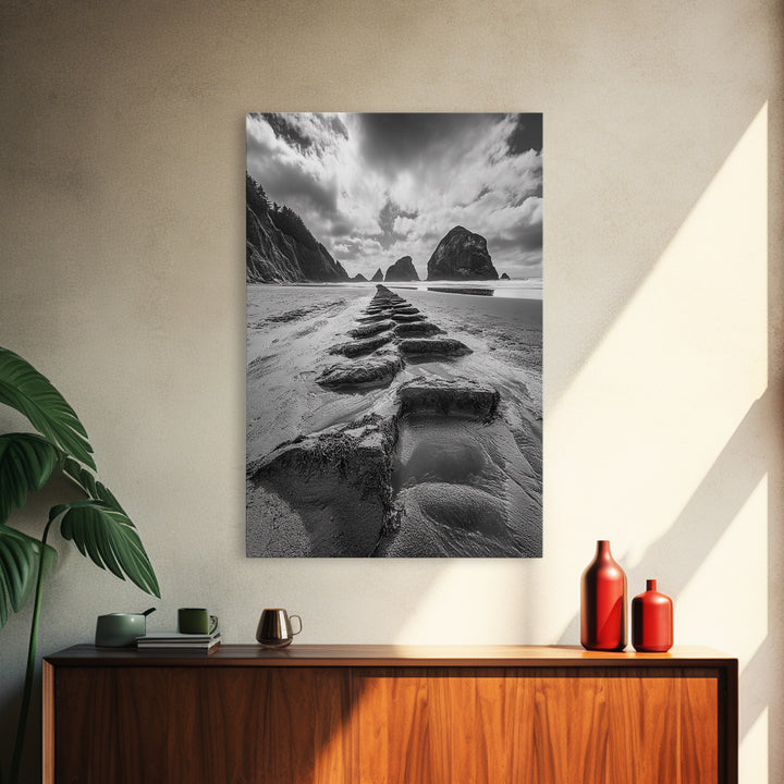 Ocean Rocks, Beach Landscape, Cloudy Sky, Rugged Coast, Canvas Print, coastal adventure wall art, living room decor, nature lover gift