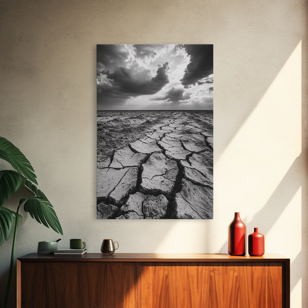 Cracked Earth, Drought Desert, Apocalyptic Sky, Dry Landscape, Canvas Print, minimalist wall decor, modern earth tones, office statement piece