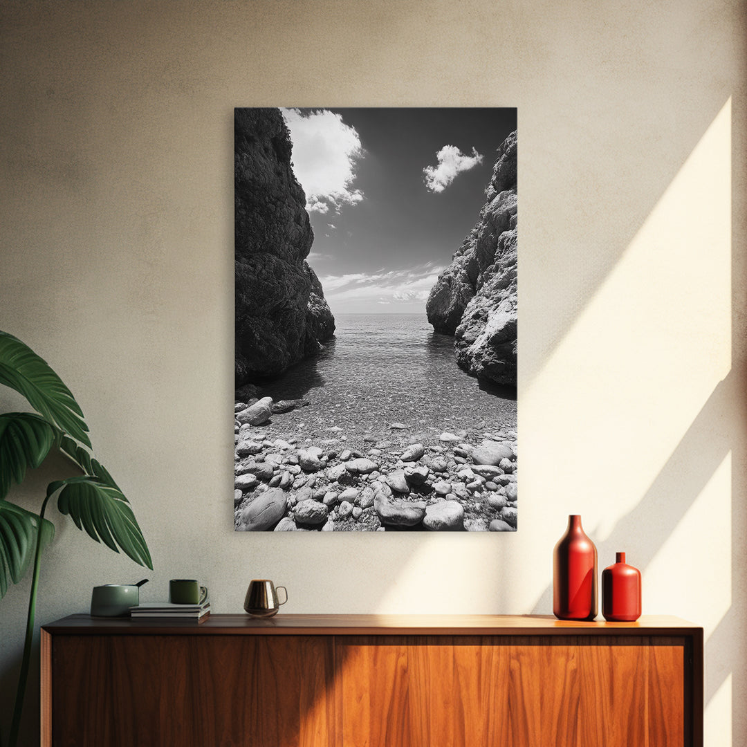 Rocky Cove, Serene Sea, Coastal Escape, Crystal Water, Canvas Print, bathroom ocean art, coastal minimalist decor, tranquil seascape gift