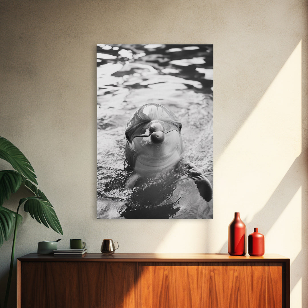 Dolphin Smile, Ocean Friend, Water Reflections, Gentle Waves, Framed Canvas Print, Kids Bathroom Art, Marine Life Decor, Playroom Artwork