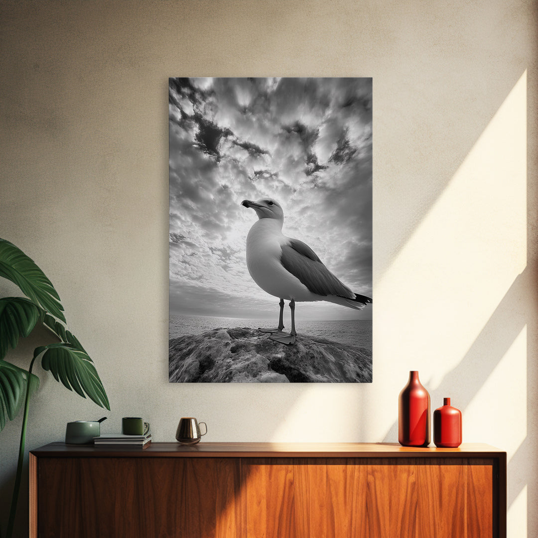 Coastal Seagull, Ocean Breeze, Serene Sky, Seaside Moment Framed Canvas Print, coastal decor, nautical bathroom wall art, nature photography