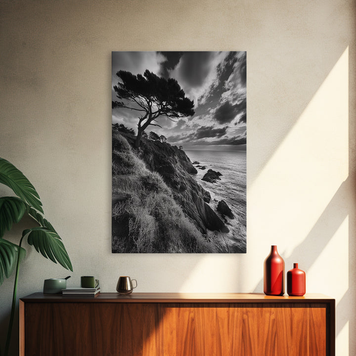 Coastal Pines, Rocky Shore, Windswept Tree, Wild Ocean Framed Canvas Print, rustic cabin art, black and white beach wall decor