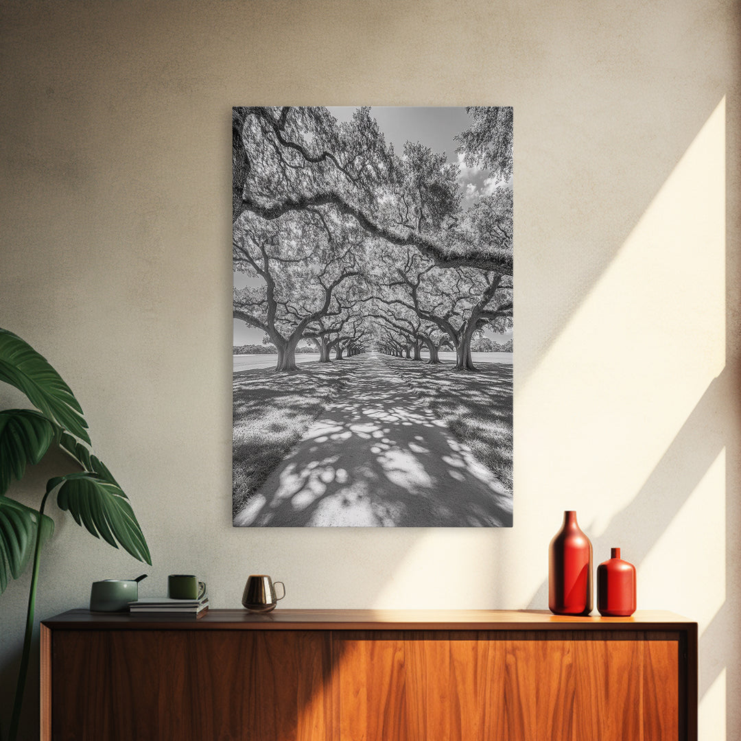 Oak Tree Tunnel, Southern Charm, Shaded Pathway, Timeless Trees Framed Canvas Print, farmhouse wall decor, hallway landscape art