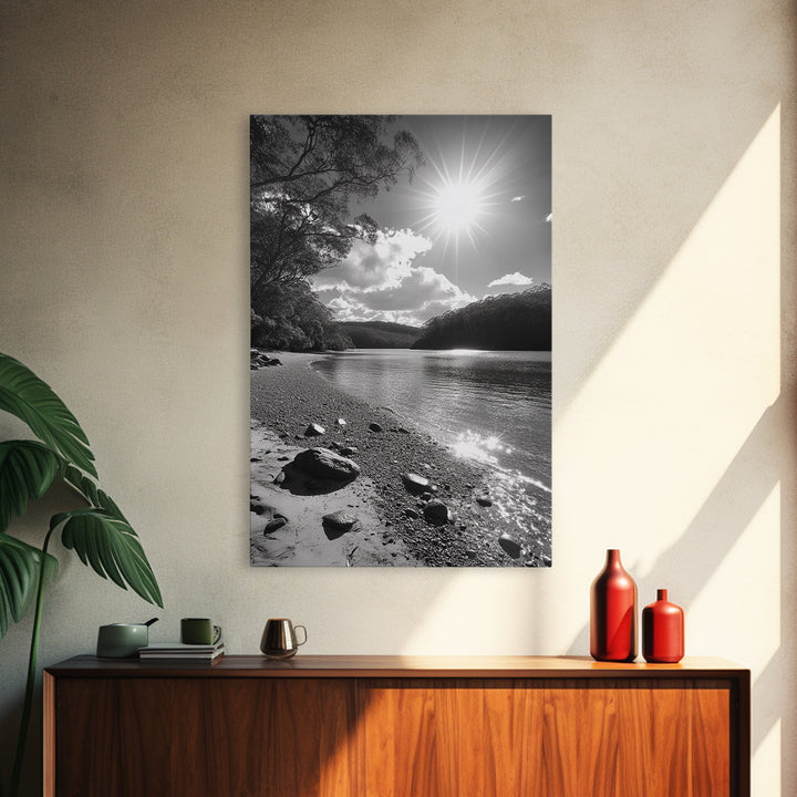Ocean Shoreline, Serene Landscape, Coastal Photography, Canvas Print, Modern Nature Decor, Living Room Wall Art, Black and White Art