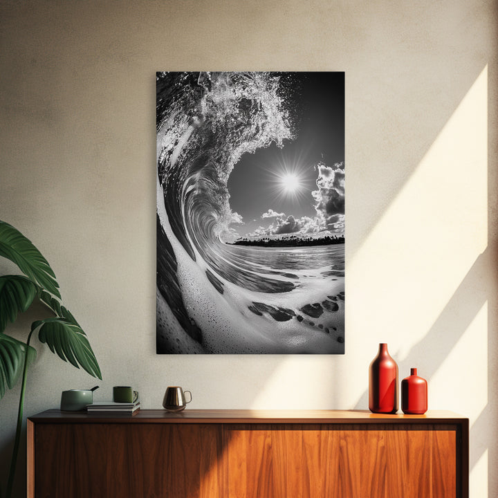 Wave Photography, Surfer Dream, Sea Curl Motion, Framed Canvas Print, Coastal Wall Art, Beach House Decor, Monochrome Ocean Style