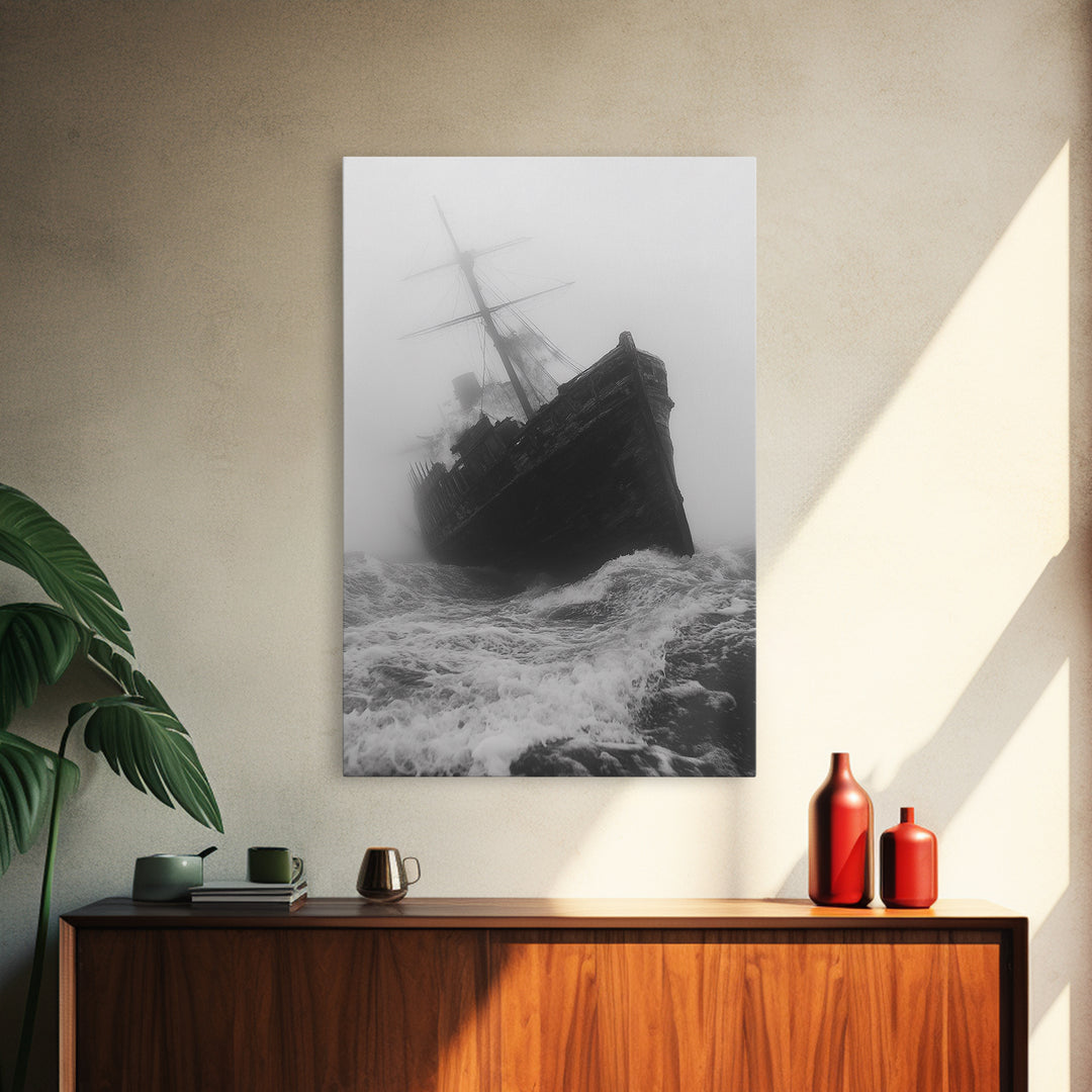Haunted Ship, Foggy Sea, Maritime Ghost, Canvas Print, Nautical Wall Art, Pirate Ship Aesthetic, Halloween or Fall Home Decor