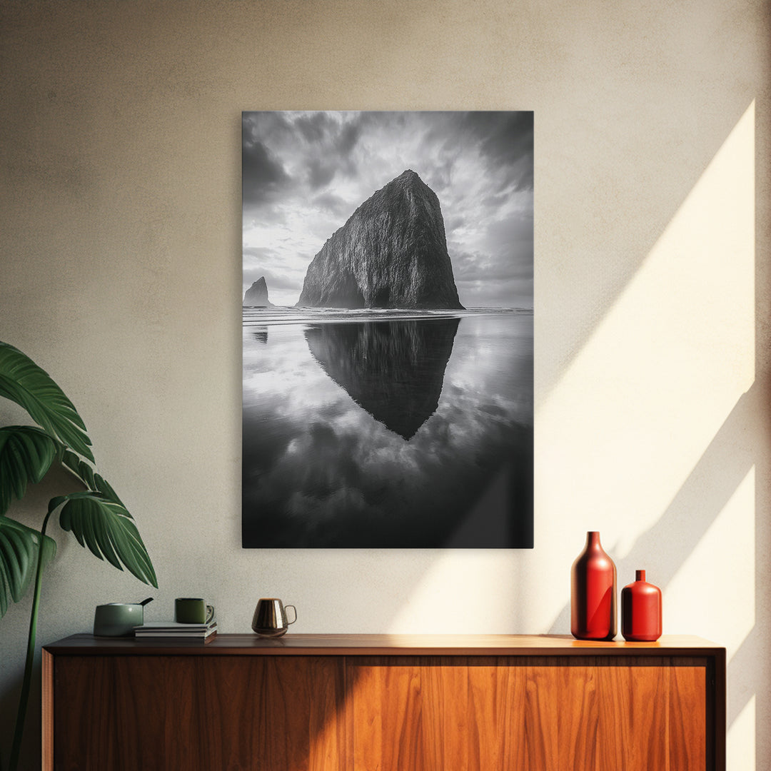 Coastal Rock, Haystack Reflection, Tranquil Beach Scene, Framed Canvas Print, Minimalist Art, Bathroom or Entryway Wall Art