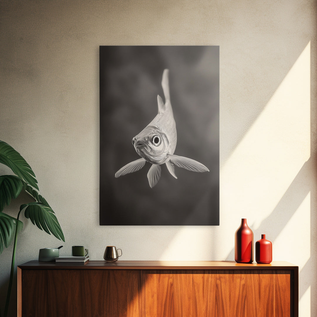Curious Fish, Underwater Focus, Moody Marine Life, Framed Canvas Print, Bathroom Wall Art, Black and White Ocean Wildlife Decor