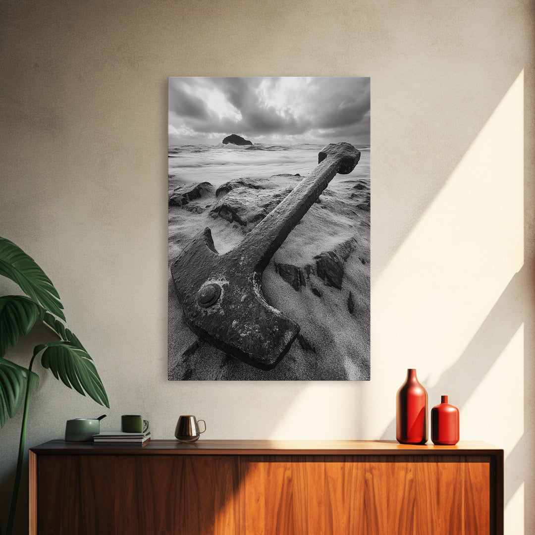 Ocean anchor scene, nautical coastal vibes, shipwreck inspiration, stormy sky, Framed Canvas Print, entryway art, maritime wall decor
