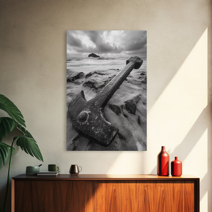 Ocean anchor scene, nautical coastal vibes, shipwreck inspiration, stormy sky, Framed Canvas Print, entryway art, maritime wall decor