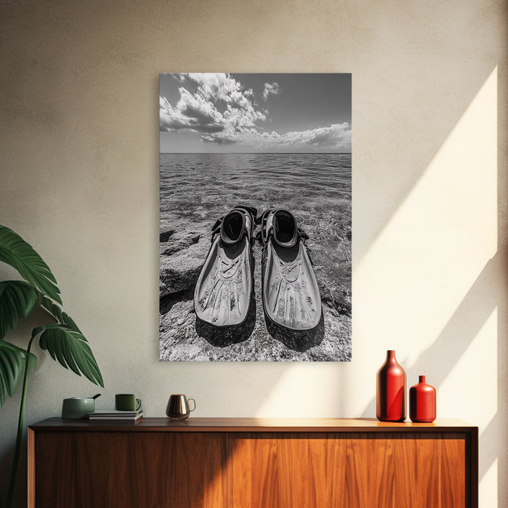 Ocean Fins, Coastal Escape, Underwater Adventure, Canvas Print, Beach Bathroom Wall Art, Nautical Photography, Black and White Decor