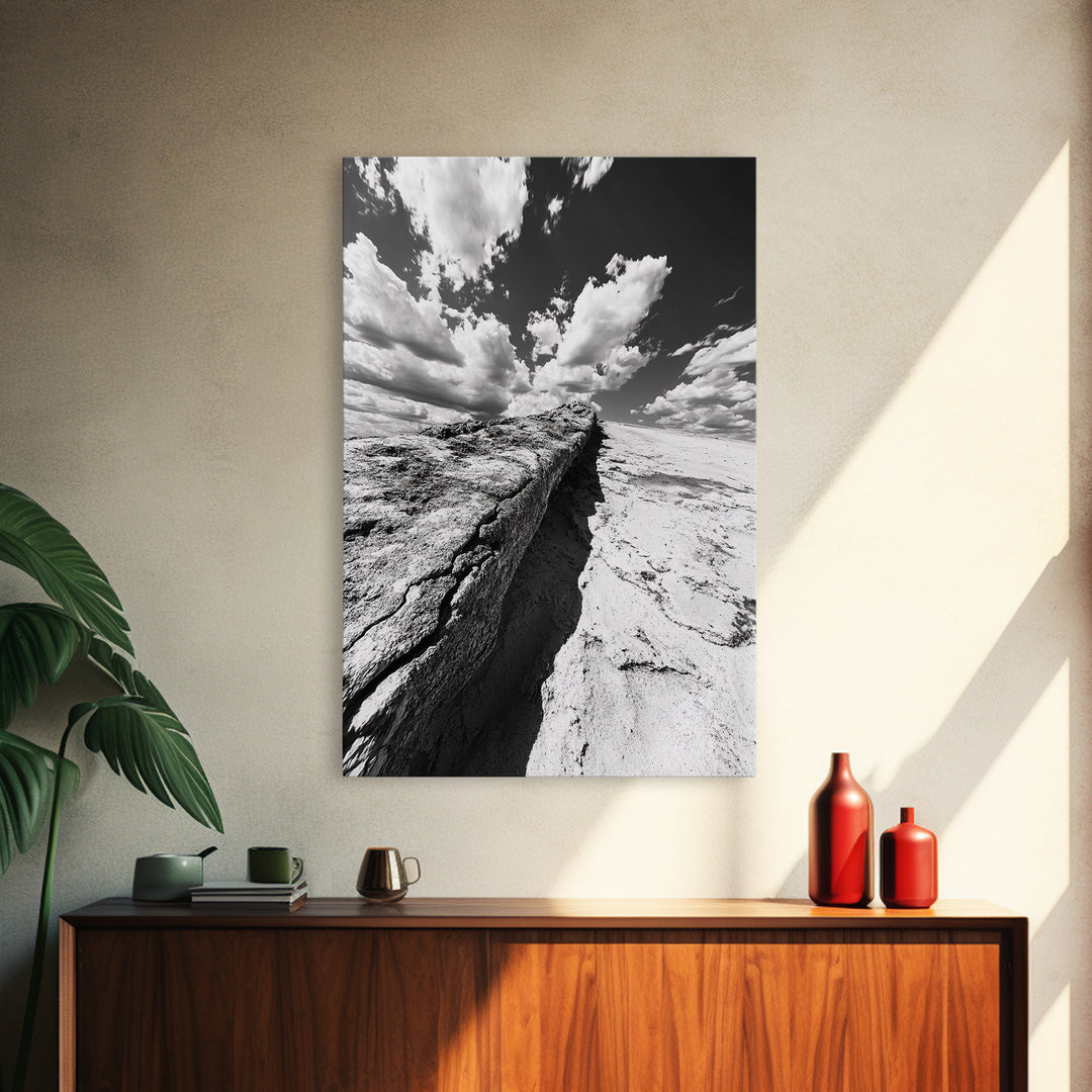 Desert Crack, Dramatic Sky, Harsh Terrain, Framed Canvas Print, Abstract Nature Photography, Rustic Office or Study Wall Art