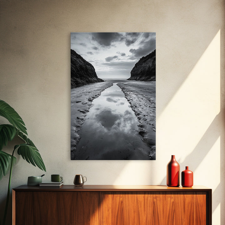 Ocean Reflection, Seaside Path, Moody Coastline, Canvas Print, Black and White Nature Photography, Modern Living Room Wall Art