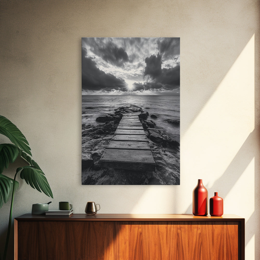 Ocean Pier Sunset, Dramatic Clouds, Seascape Pathway, Canvas Print, Coastal Living Room Art, Tranquil Decor, Minimalist Style