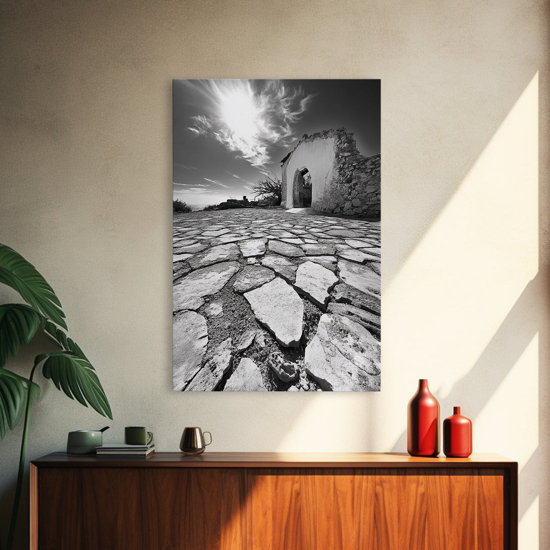 Desert Archway, Stone Ruins, Sunny Sky, Canvas Print, Rustic Travel Wall Art, Mediterranean Decor, Minimalist Earthy Aesthetic