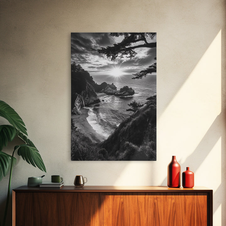 Cliffside Ocean View, Sunset Horizon, Trees Framing Sky, Canvas Print, Coastal Landscape Art, Cabin Living Room Decor, Moody Style
