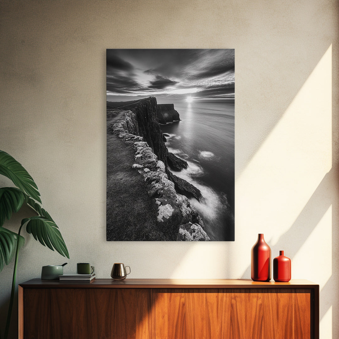 Rugged Sea Cliffs, Sunset Horizon, Serene Waters, Framed Canvas Print, Modern Nature Wall Art, Office Decor, Coastal Aesthetic