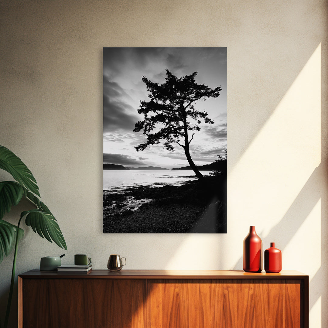 Coastal Tree, Pacific Northwest, Serene Landscape, Monochrome Nature Scene, Framed Canvas Print, Entryway Art, Rustic Cabin Wall Decor