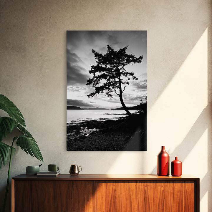 Coastal Tree, Pacific Northwest, Serene Landscape, Monochrome Nature Scene, Framed Canvas Print, Entryway Art, Rustic Cabin Wall Decor