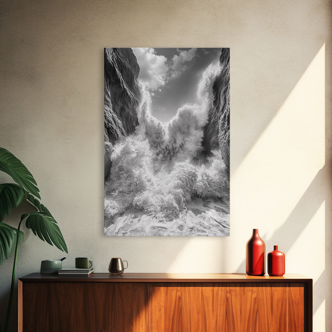 Ocean Splash, Cliff Waves, Nature Power, Dramatic Seascape, Framed Canvas Print, Living Room Statement, Black and White Wall Art