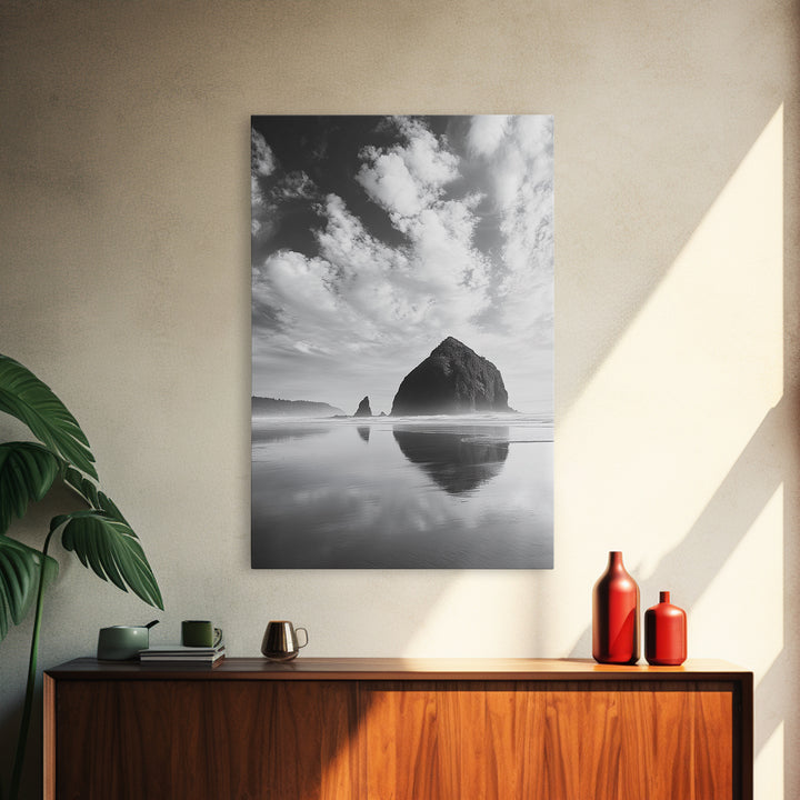 Iconic sea stack, Oregon coast art, tranquil reflections, dramatic clouds, Canvas Print, bedroom wall art, modern coastal minimalist decor