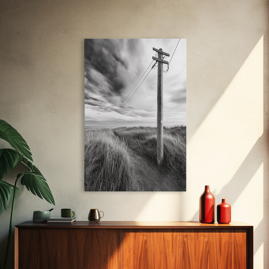 Coastal Path, Telephone Pole, Cloudy Sky, Minimal Nature Scene, Canvas Print, Entryway Wall Art, Rustic Landscape Photography Decor