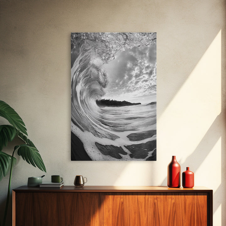 Ocean Wave Tunnel, Surfer's Eye View, Coastal Landscape, Bathroom Wall Art, Adventure Vibes, Framed Canvas Print, Black White Photography
